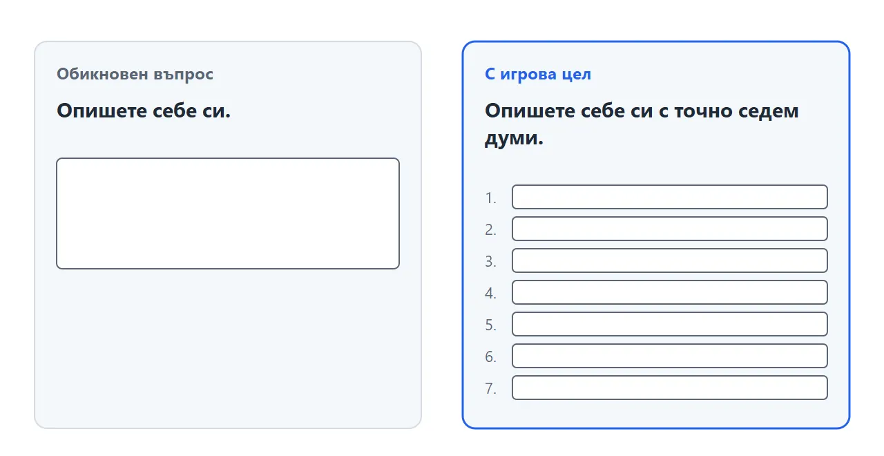 Два въпроса един до друг: „Опишете себе си.“ с едно празно поле и „Опишете себе си с точно седем думи.“ със седем кратки реда.